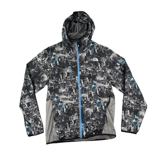 The North Face Jacket Mens Medium Windbreaker Hooded Full Zip Cityscape Print - Picture 1 of 12